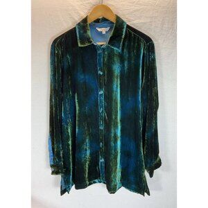 John Mark Velvet Tunic‎ Top Women Size LG Teal/ Blue/ GRN casual button down